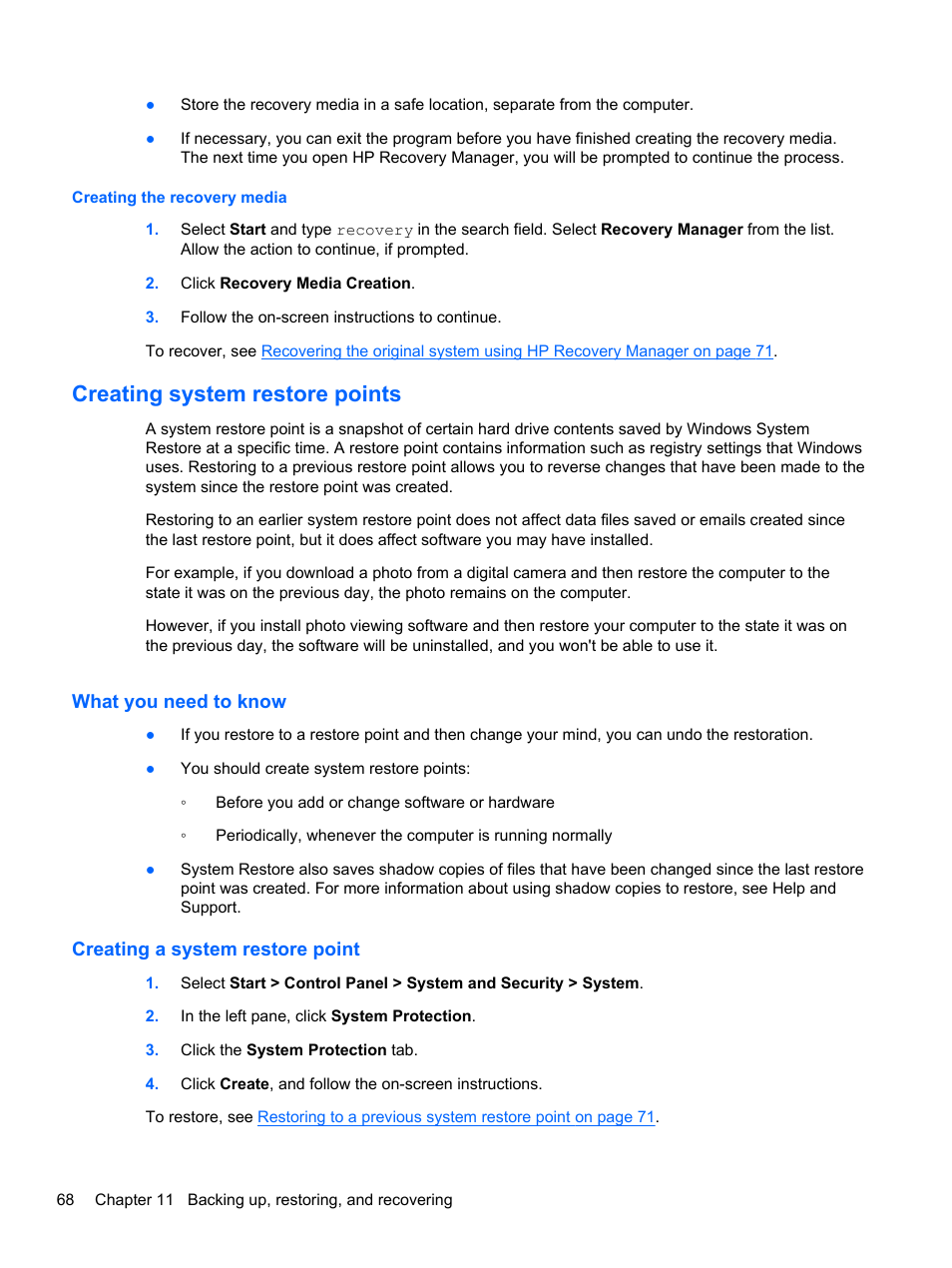 Creating the recovery media, Creating system restore points, What you need to know | Creating a system restore point | HP ENVY Spectre XT Ultrabook CTO 13t-2000 User Manual | Page 78 / 96