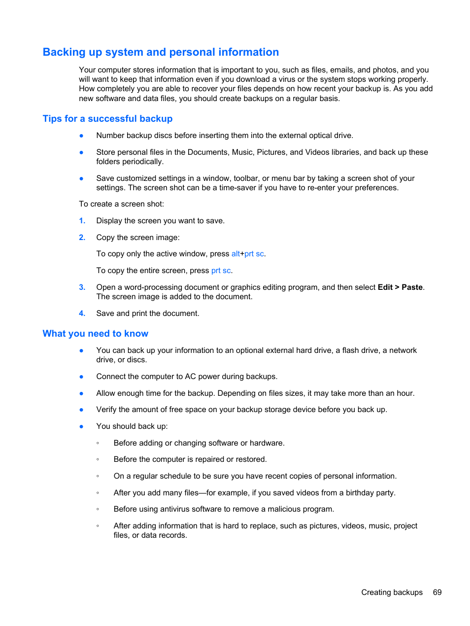 Backing up system and personal information, Tips for a successful backup, What you need to know | Tips for a successful backup what you need to know | HP ENVY Spectre XT Ultrabook CTO 13t-2000 User Manual | Page 79 / 96