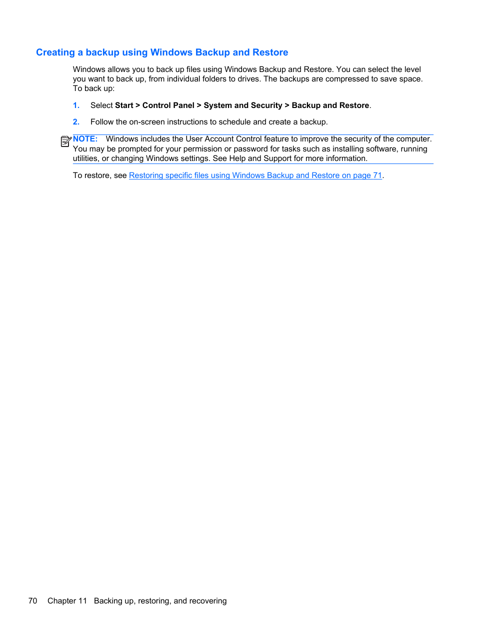 Creating a backup using windows backup and restore | HP ENVY Spectre XT Ultrabook CTO 13t-2000 User Manual | Page 80 / 96