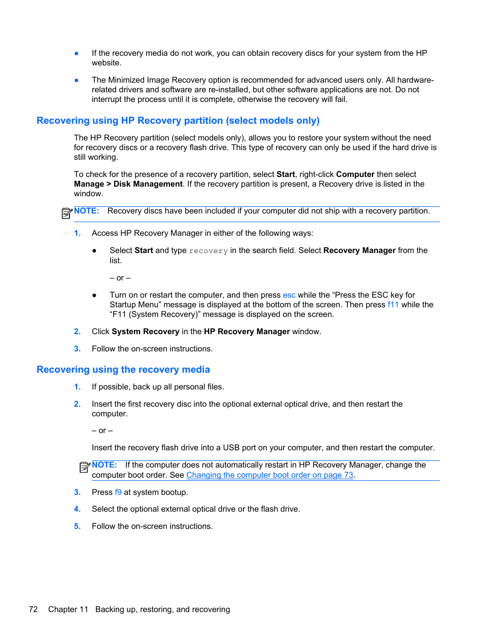 Recovering using the recovery media | HP ENVY Spectre XT Ultrabook CTO 13t-2000 User Manual | Page 82 / 96