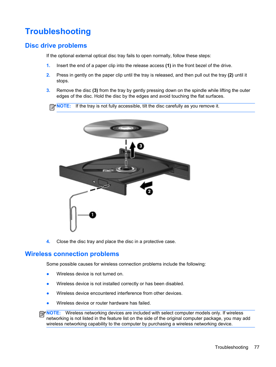 Troubleshooting, Disc drive problems, Wireless connection problems | Disc drive problems wireless connection problems | HP ENVY Spectre XT Ultrabook CTO 13t-2000 User Manual | Page 87 / 96