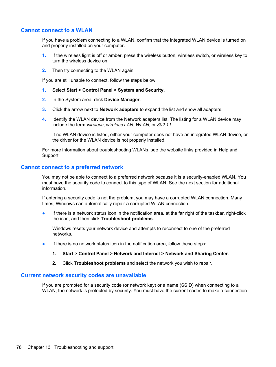 Cannot connect to a wlan, Cannot connect to a preferred network, Current network security codes are unavailable | HP ENVY Spectre XT Ultrabook CTO 13t-2000 User Manual | Page 88 / 96