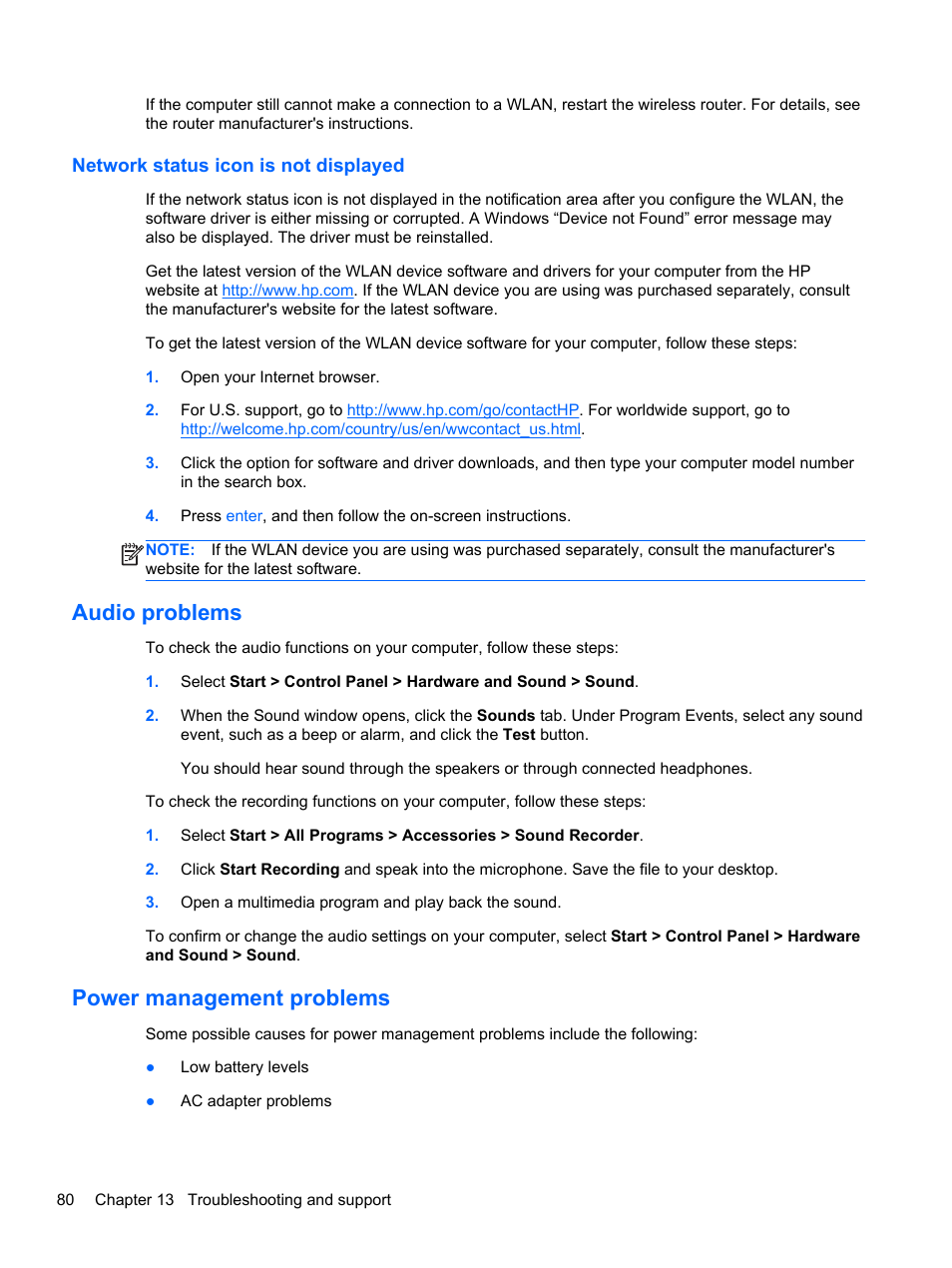 Network status icon is not displayed, Audio problems, Power management problems | Audio problems power management problems | HP ENVY Spectre XT Ultrabook CTO 13t-2000 User Manual | Page 90 / 96