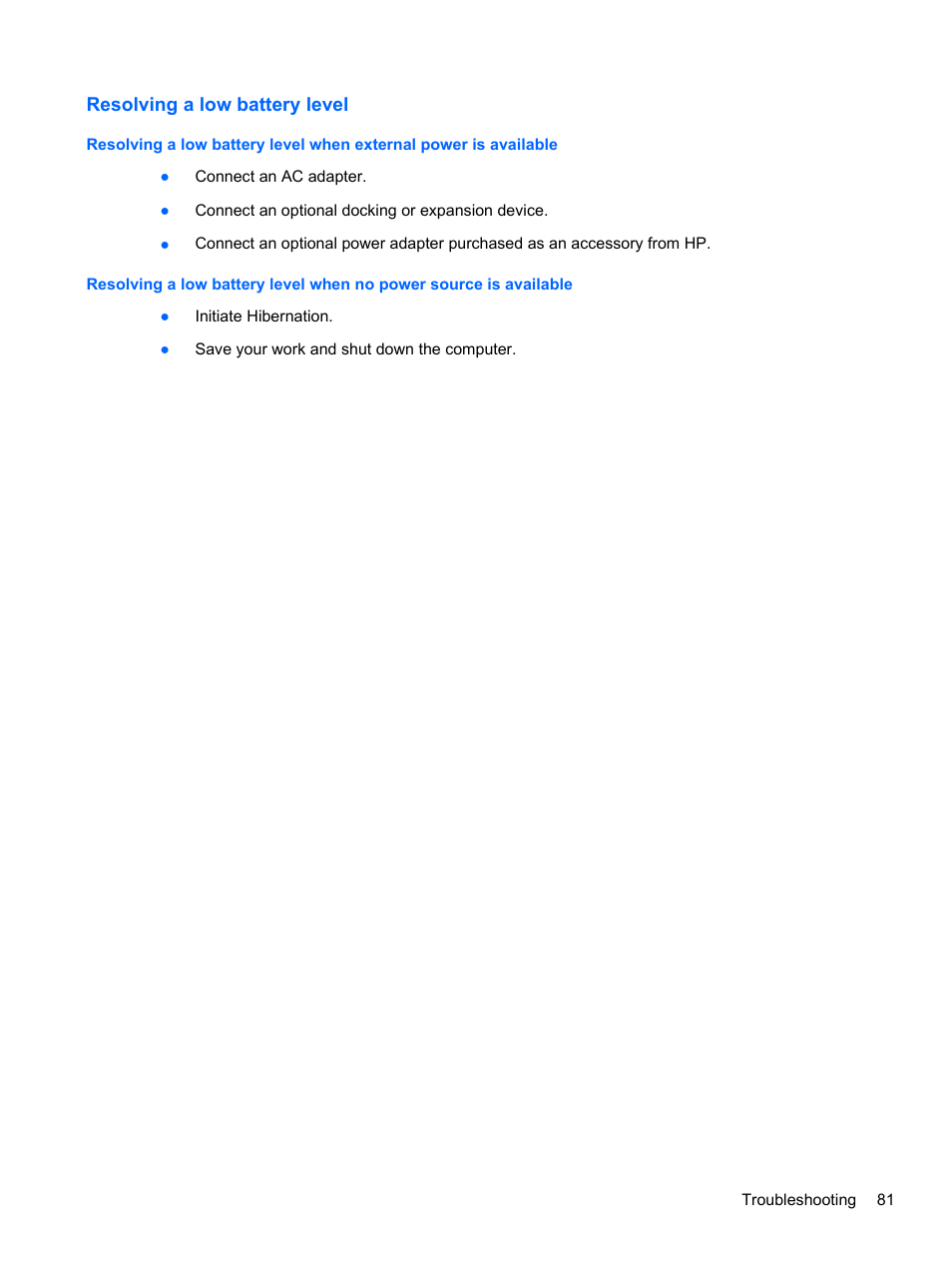 Resolving a low battery level | HP ENVY Spectre XT Ultrabook CTO 13t-2000 User Manual | Page 91 / 96