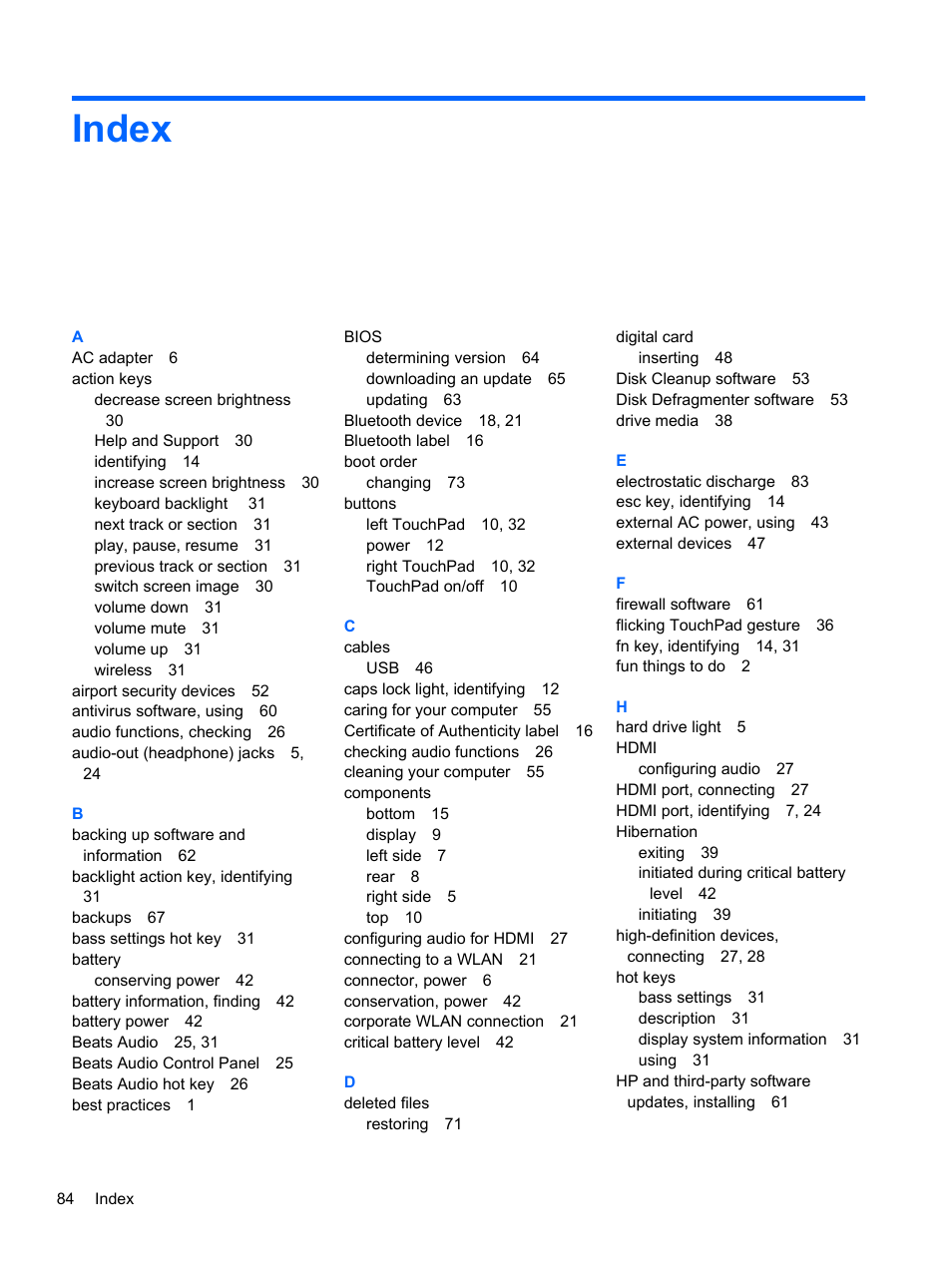 Index | HP ENVY Spectre XT Ultrabook CTO 13t-2000 User Manual | Page 94 / 96