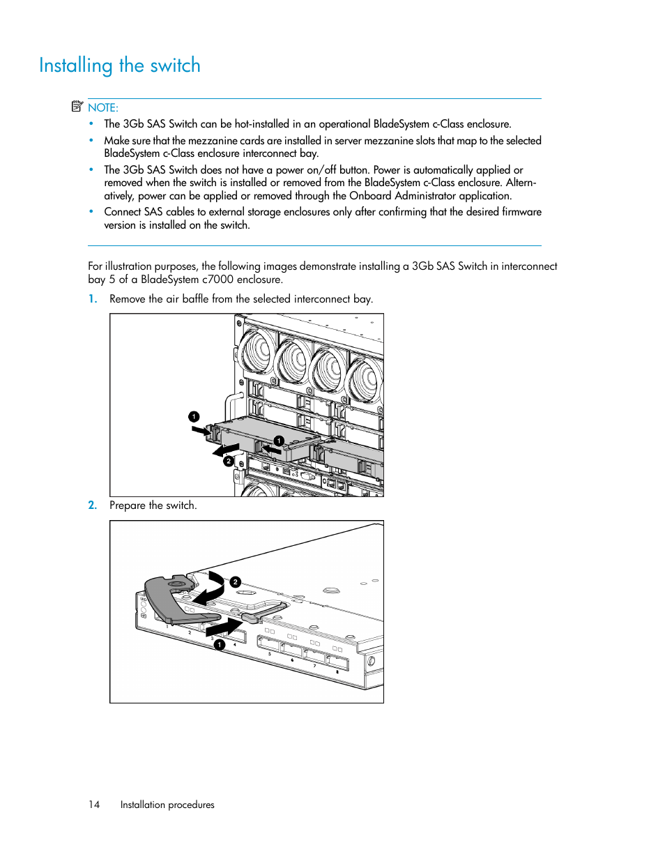 Installing the switch | HP 3Gb SAS Switch for HP BladeSystem c-Class User Manual | Page 14 / 56