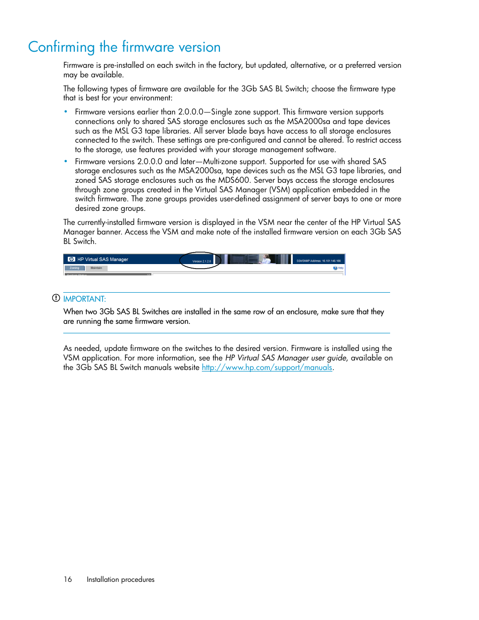 Confirming the firmware version | HP 3Gb SAS Switch for HP BladeSystem c-Class User Manual | Page 16 / 56