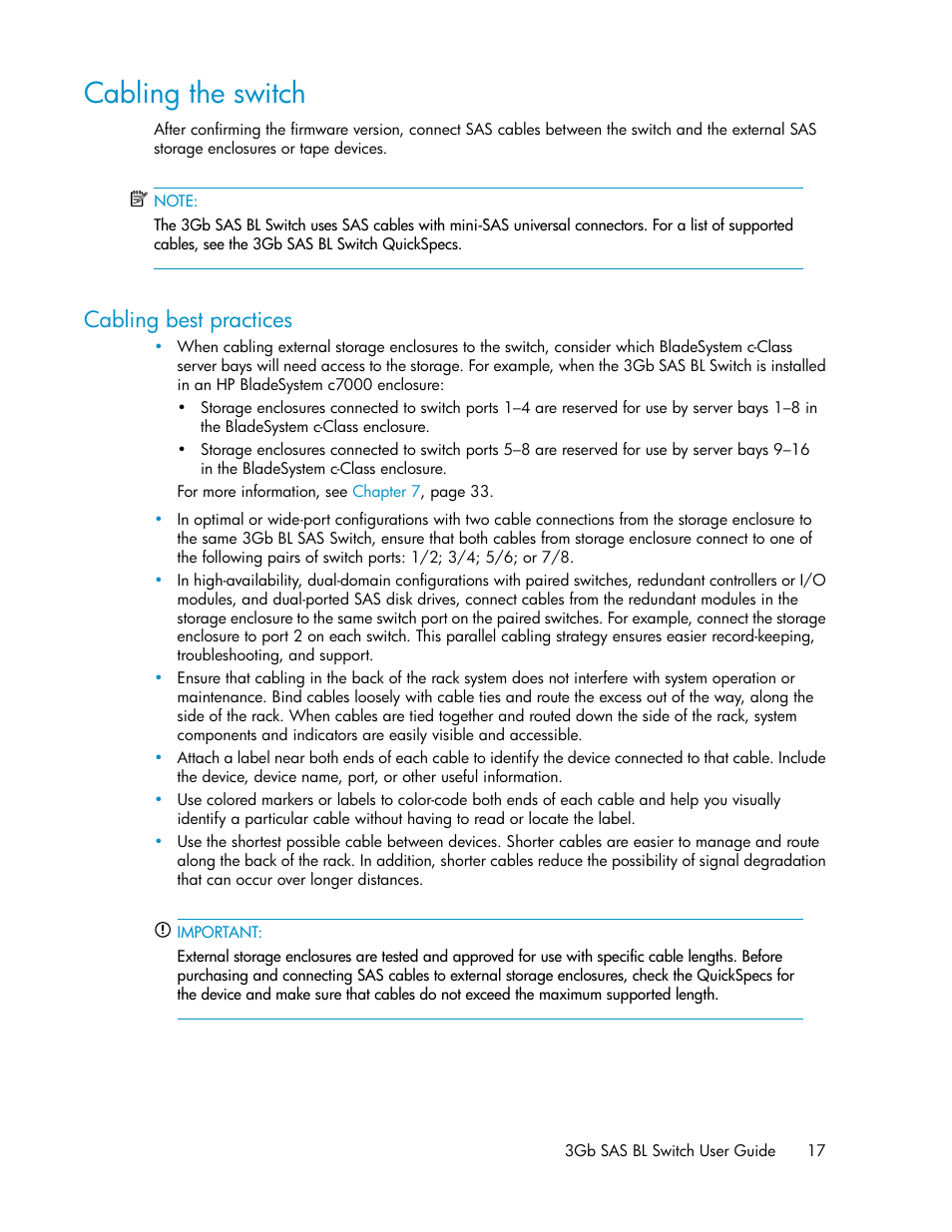 Cabling the switch, Cabling best practices, Cabling the | Switch | HP 3Gb SAS Switch for HP BladeSystem c-Class User Manual | Page 17 / 56