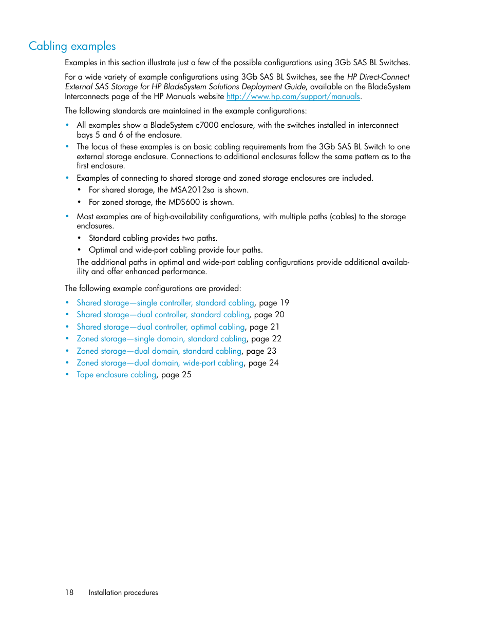 Cabling examples | HP 3Gb SAS Switch for HP BladeSystem c-Class User Manual | Page 18 / 56