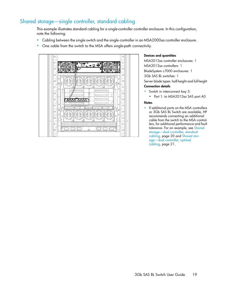 Shared storage—single controller, standard cabling | HP 3Gb SAS Switch for HP BladeSystem c-Class User Manual | Page 19 / 56
