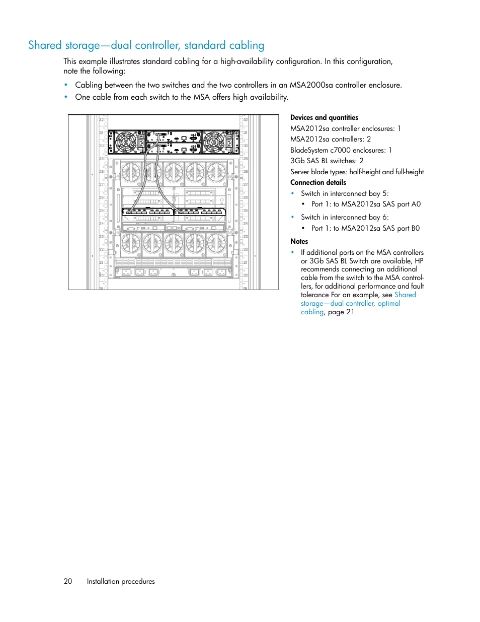 Shared storage—dual controller, standard cabling, Shared, Storage—dual controller, standard cabling | HP 3Gb SAS Switch for HP BladeSystem c-Class User Manual | Page 20 / 56