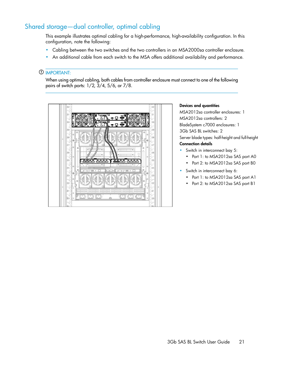 Shared storage—dual controller, optimal cabling, Shared stor, Age—dual controller, optimal cabling | Shared, Storage—dual controller, optimal cabling | HP 3Gb SAS Switch for HP BladeSystem c-Class User Manual | Page 21 / 56