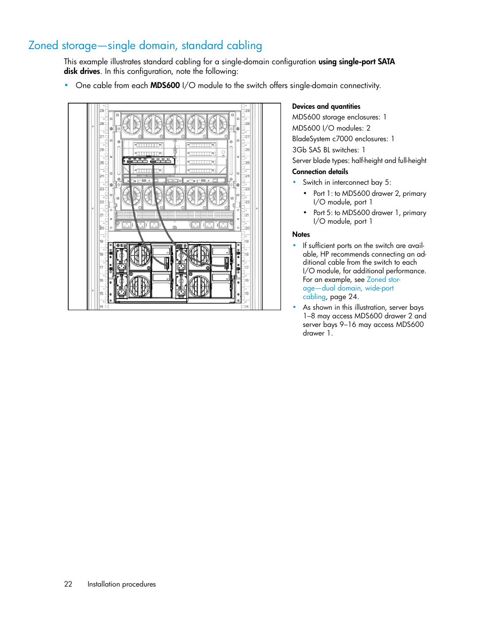 Zoned storage—single domain, standard cabling | HP 3Gb SAS Switch for HP BladeSystem c-Class User Manual | Page 22 / 56