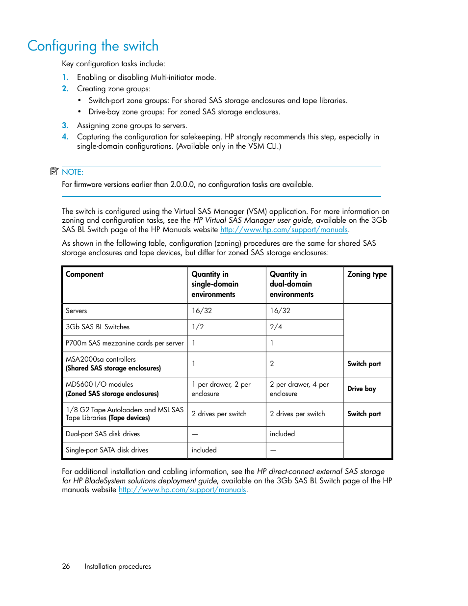 Configuring the switch | HP 3Gb SAS Switch for HP BladeSystem c-Class User Manual | Page 26 / 56
