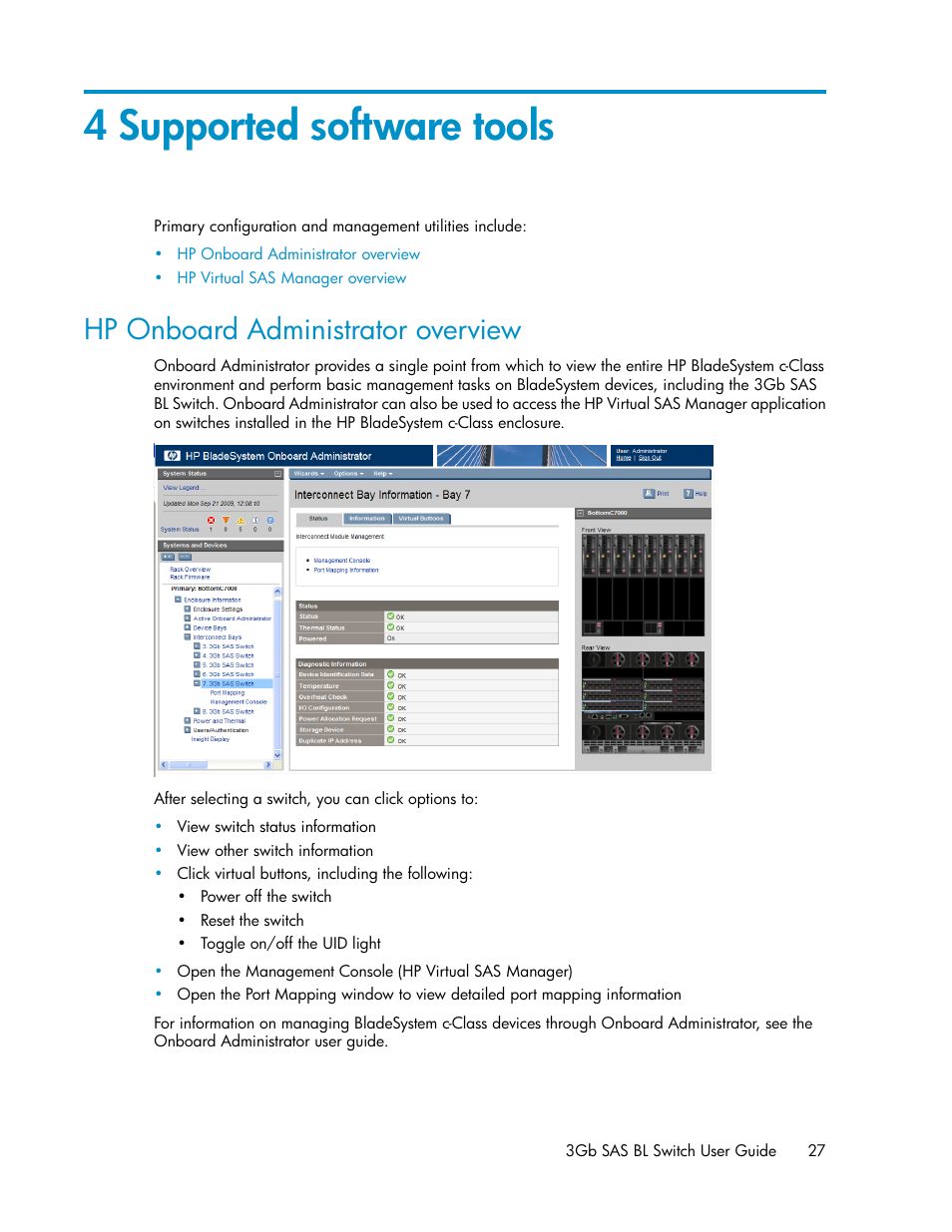 4 supported software tools, Hp onboard administrator overview | HP 3Gb SAS Switch for HP BladeSystem c-Class User Manual | Page 27 / 56