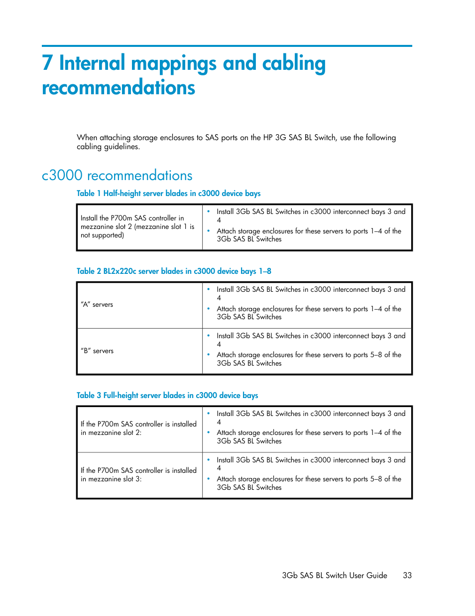 7 internal mappings and cabling recommendations, C3000 recommendations, Half-height server blades in c3000 device bays | Bl2x220c server blades in c3000 device bays 1–8, Full-height server blades in c3000 device bays, Chapter 7, Chapter | HP 3Gb SAS Switch for HP BladeSystem c-Class User Manual | Page 33 / 56
