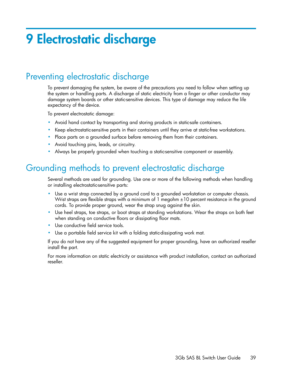 9 electrostatic discharge, Preventing electrostatic discharge | HP 3Gb SAS Switch for HP BladeSystem c-Class User Manual | Page 39 / 56