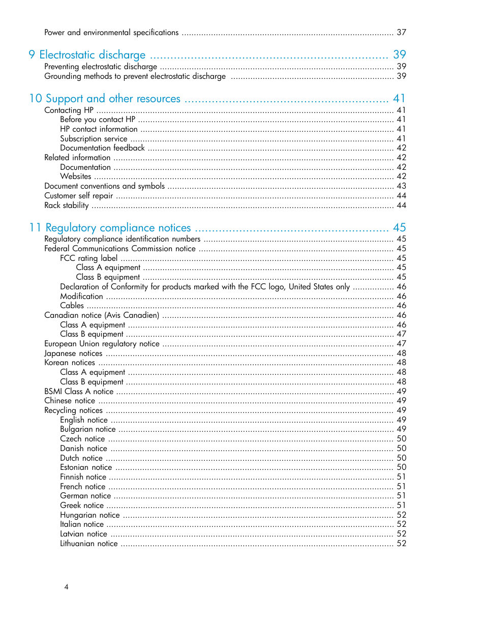 9 electrostatic discharge, 10 support and other resources, 11 regulatory compliance notices | HP 3Gb SAS Switch for HP BladeSystem c-Class User Manual | Page 4 / 56