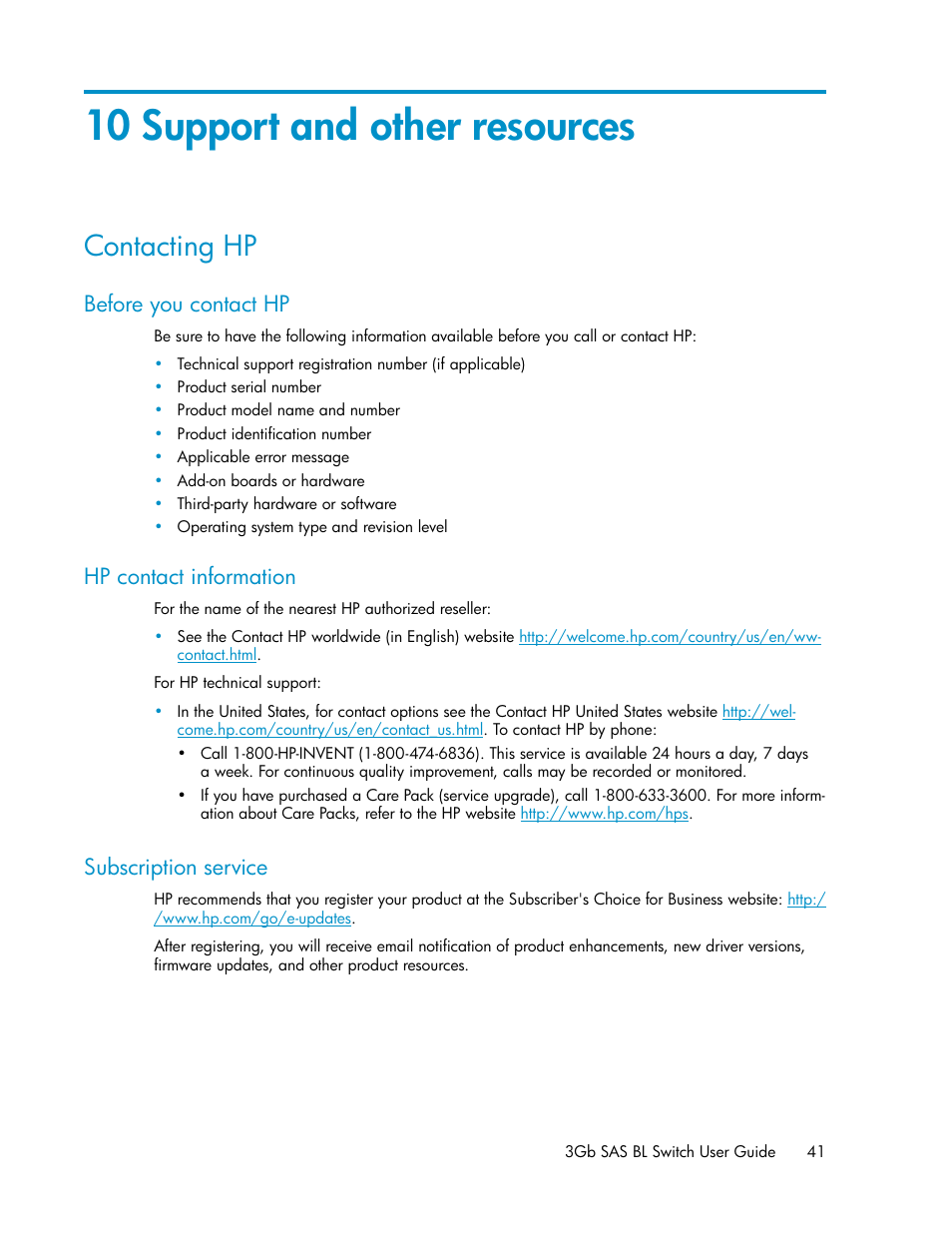 10 support and other resources, Contacting hp, Before you contact hp | Hp contact information, Subscription service, 41 hp contact information, 41 subscription service | HP 3Gb SAS Switch for HP BladeSystem c-Class User Manual | Page 41 / 56