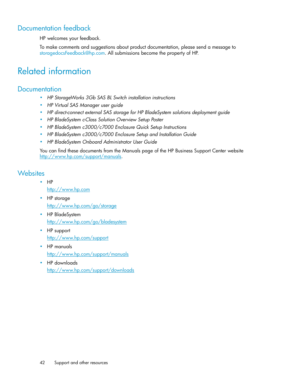 Documentation feedback, Related information, Documentation | Websites, 42 websites | HP 3Gb SAS Switch for HP BladeSystem c-Class User Manual | Page 42 / 56