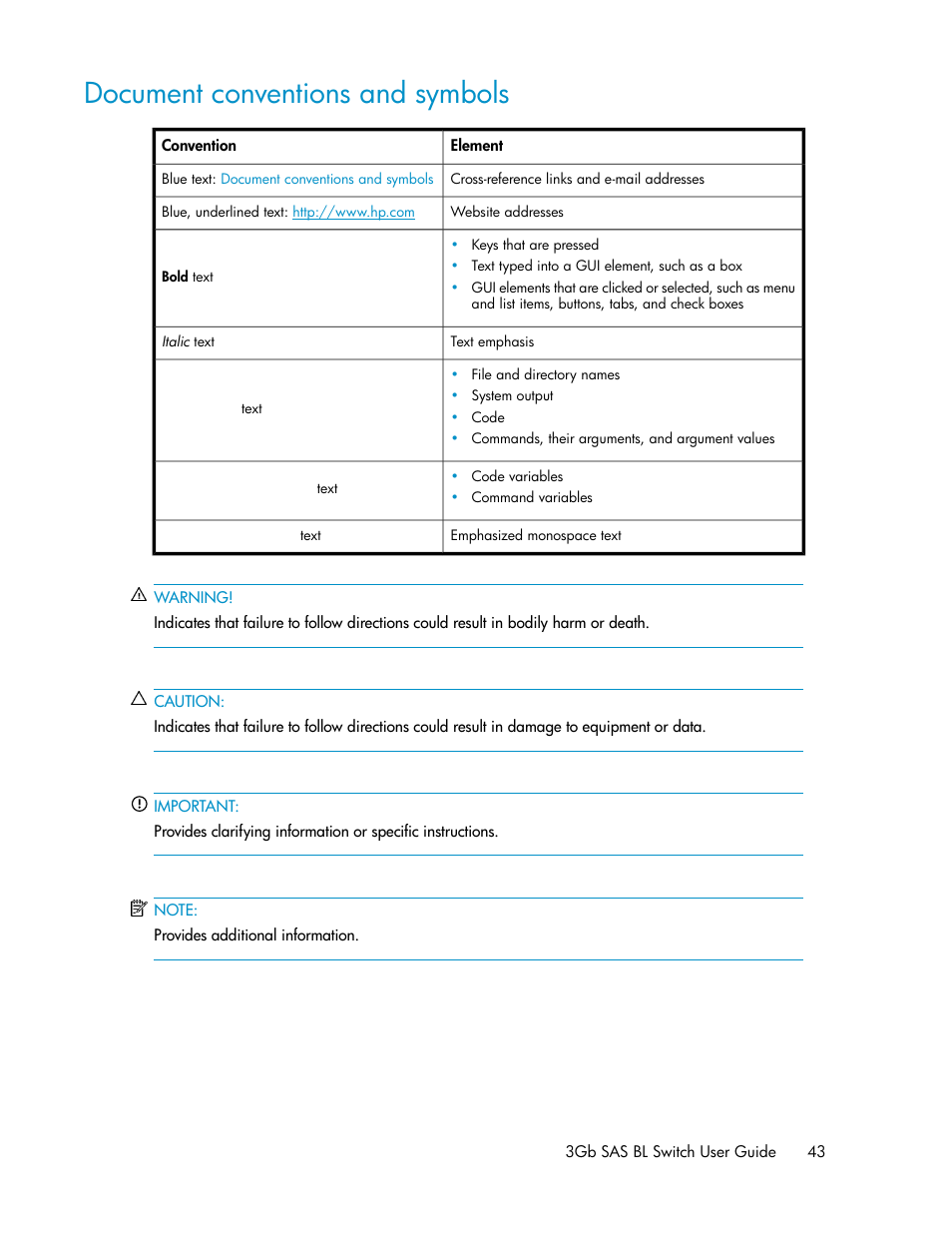 Document conventions and symbols | HP 3Gb SAS Switch for HP BladeSystem c-Class User Manual | Page 43 / 56