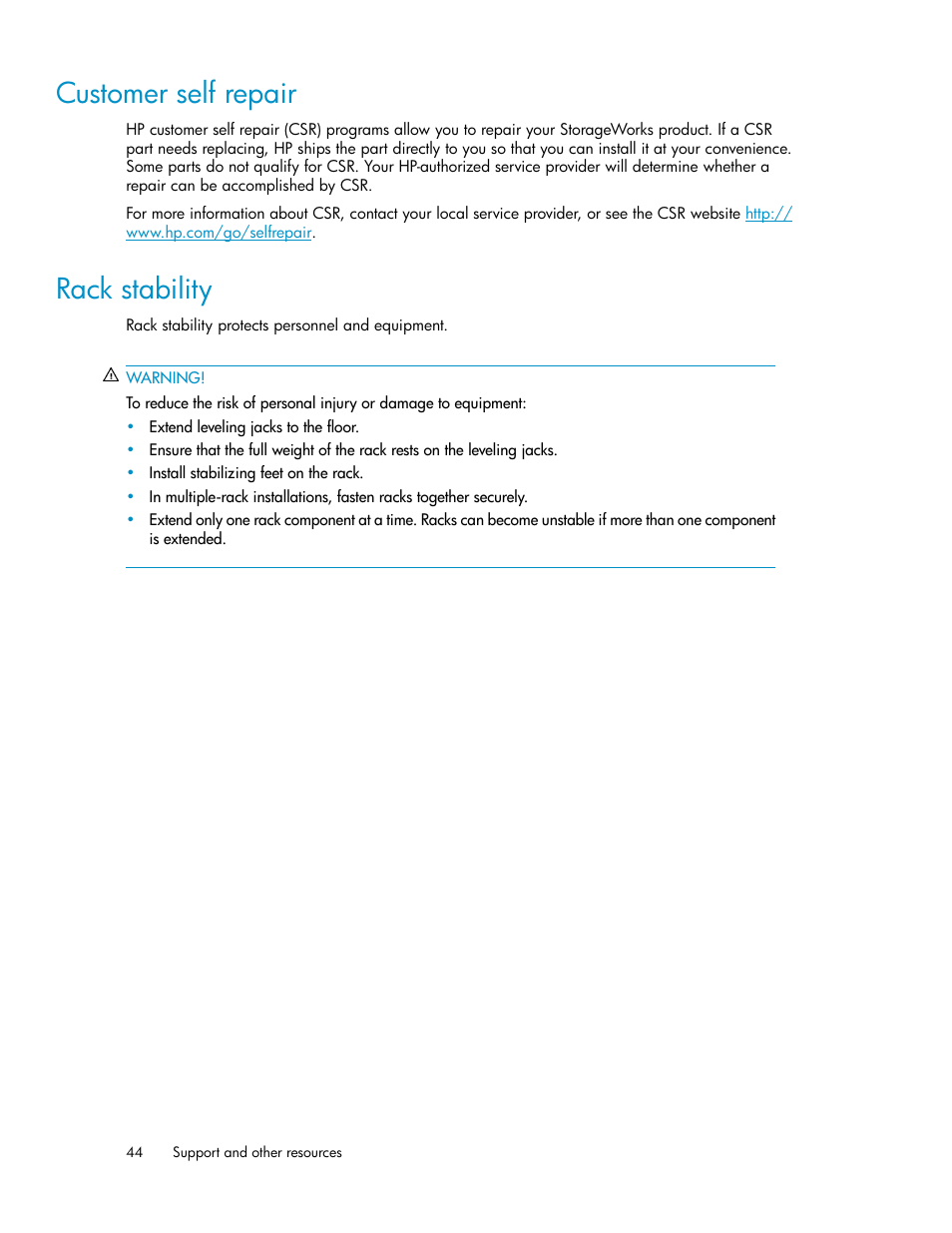Customer self repair, Rack stability, 44 rack stability | HP 3Gb SAS Switch for HP BladeSystem c-Class User Manual | Page 44 / 56