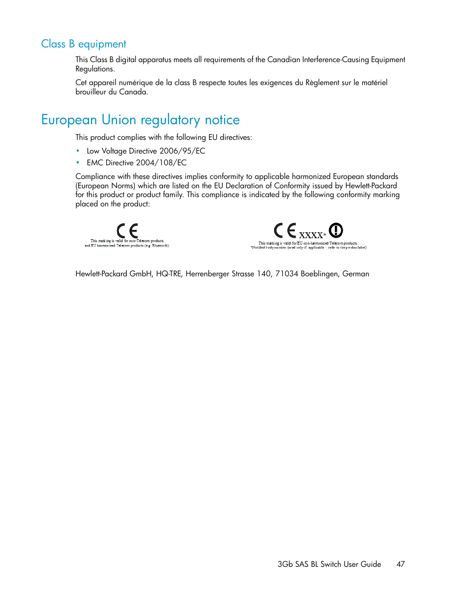 Class b equipment, European union regulatory notice | HP 3Gb SAS Switch for HP BladeSystem c-Class User Manual | Page 47 / 56