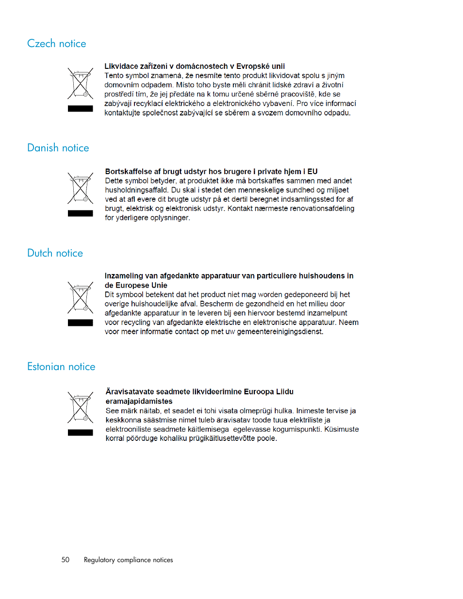 Czech notice, Danish notice, Dutch notice | Estonian notice, 50 danish notice, 50 dutch notice, 50 estonian notice | HP 3Gb SAS Switch for HP BladeSystem c-Class User Manual | Page 50 / 56