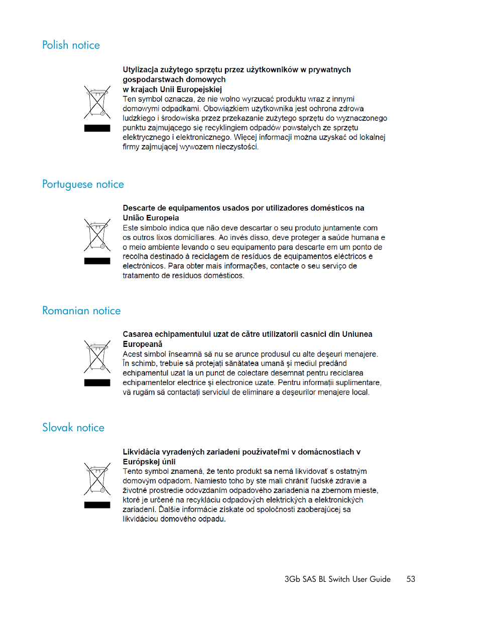 Polish notice, Portuguese notice, Romanian notice | Slovak notice, 53 portuguese notice, 53 romanian notice, 53 slovak notice | HP 3Gb SAS Switch for HP BladeSystem c-Class User Manual | Page 53 / 56