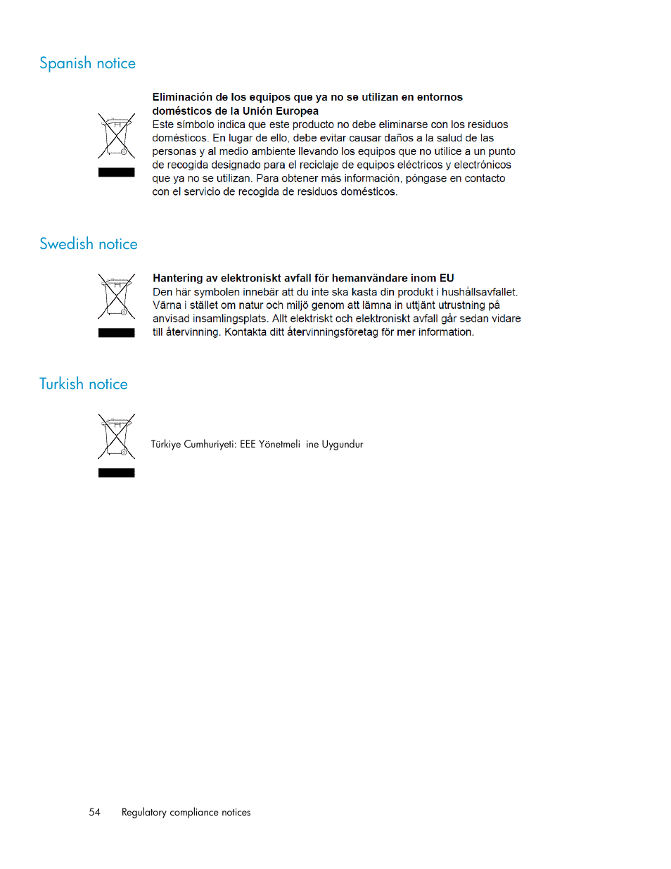 Spanish notice, Swedish notice, Turkish notice | 54 swedish notice, 54 turkish notice, Spanish notice swedish notice turkish notice | HP 3Gb SAS Switch for HP BladeSystem c-Class User Manual | Page 54 / 56