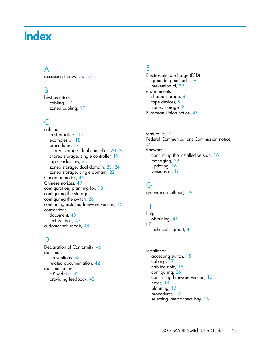 Index | HP 3Gb SAS Switch for HP BladeSystem c-Class User Manual | Page 55 / 56