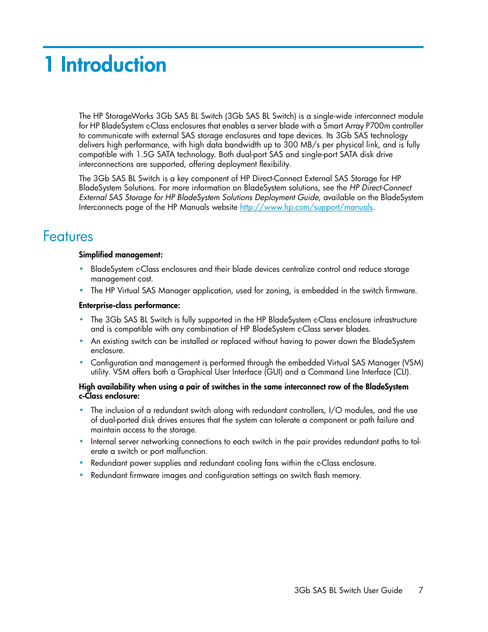 1 introduction, Features | HP 3Gb SAS Switch for HP BladeSystem c-Class User Manual | Page 7 / 56