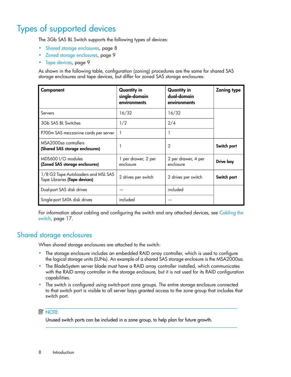 Types of supported devices, Shared storage enclosures | HP 3Gb SAS Switch for HP BladeSystem c-Class User Manual | Page 8 / 56