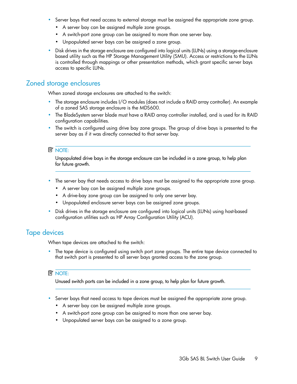 Zoned storage enclosures, Tape devices, 9 tape devices | HP 3Gb SAS Switch for HP BladeSystem c-Class User Manual | Page 9 / 56