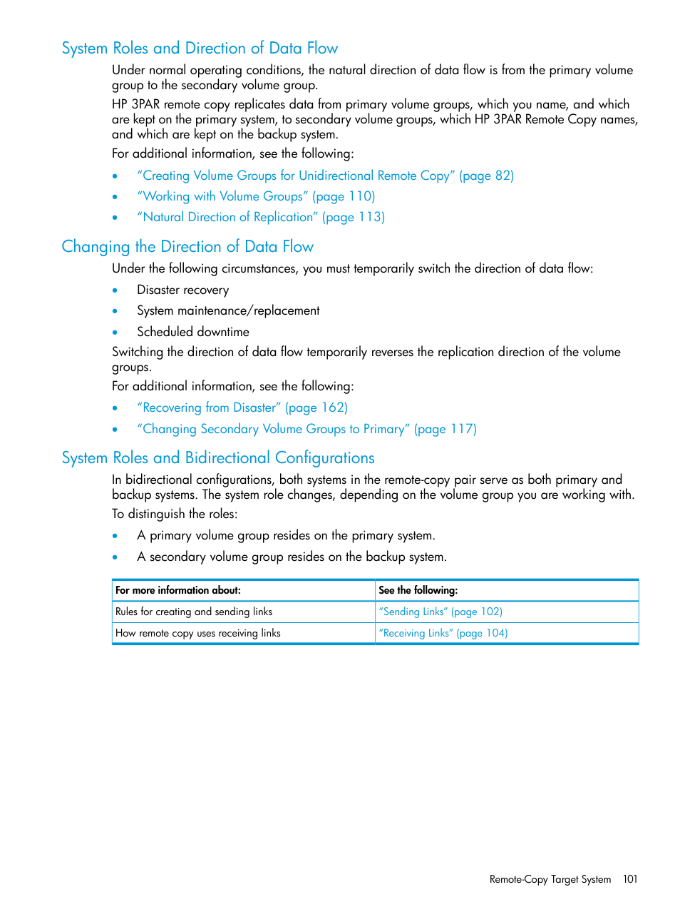 System roles and direction of data flow, Changing the direction of data flow, System roles and bidirectional configurations | HP 3PAR Operating System Software User Manual | Page 101 / 289