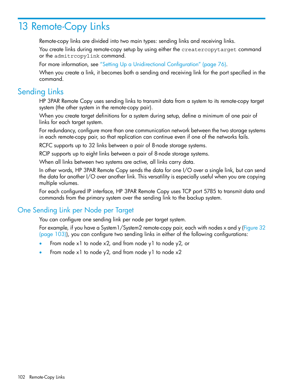 13 remote-copy links, Sending links, One sending link per node per target | HP 3PAR Operating System Software User Manual | Page 102 / 289