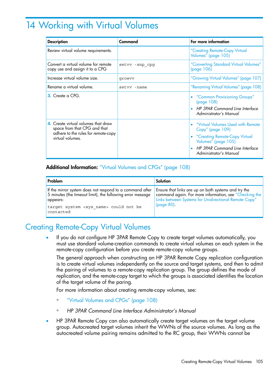 14 working with virtual volumes, Creating remote-copy virtual volumes | HP 3PAR Operating System Software User Manual | Page 105 / 289