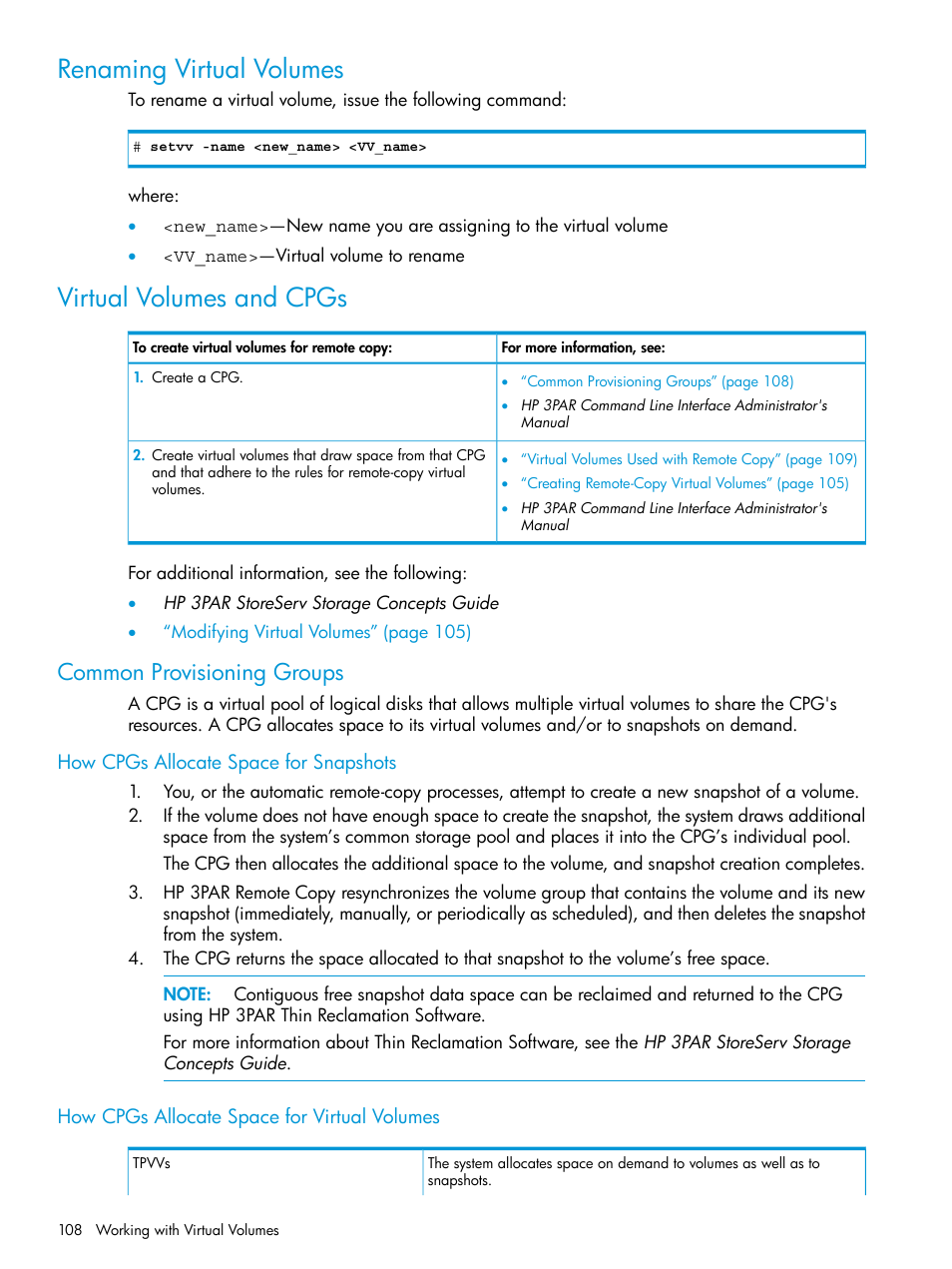 Renaming virtual volumes, Virtual volumes and cpgs, Common provisioning groups | How cpgs allocate space for snapshots, How cpgs allocate space for virtual volumes, Renaming virtual volumes virtual volumes and cpgs | HP 3PAR Operating System Software User Manual | Page 108 / 289