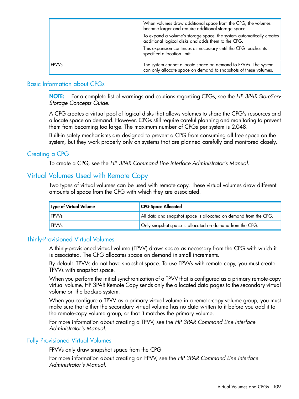 Basic information about cpgs, Creating a cpg, Virtual volumes used with remote copy | Thinly-provisioned virtual volumes, Fully provisioned virtual volumes, Basic information about cpgs creating a cpg, Virtual volumes used with remote | HP 3PAR Operating System Software User Manual | Page 109 / 289