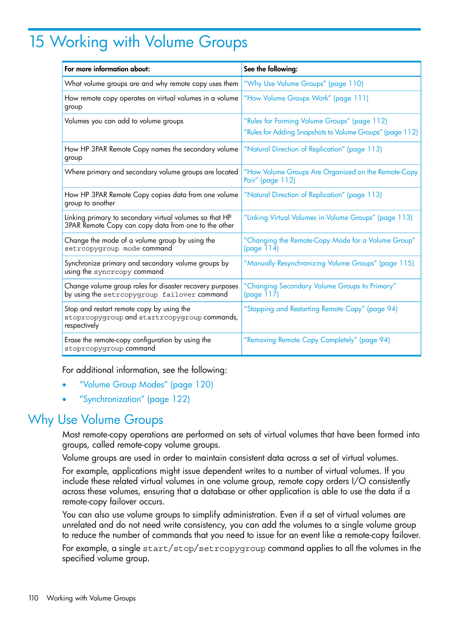 15 working with volume groups, Why use volume groups | HP 3PAR Operating System Software User Manual | Page 110 / 289