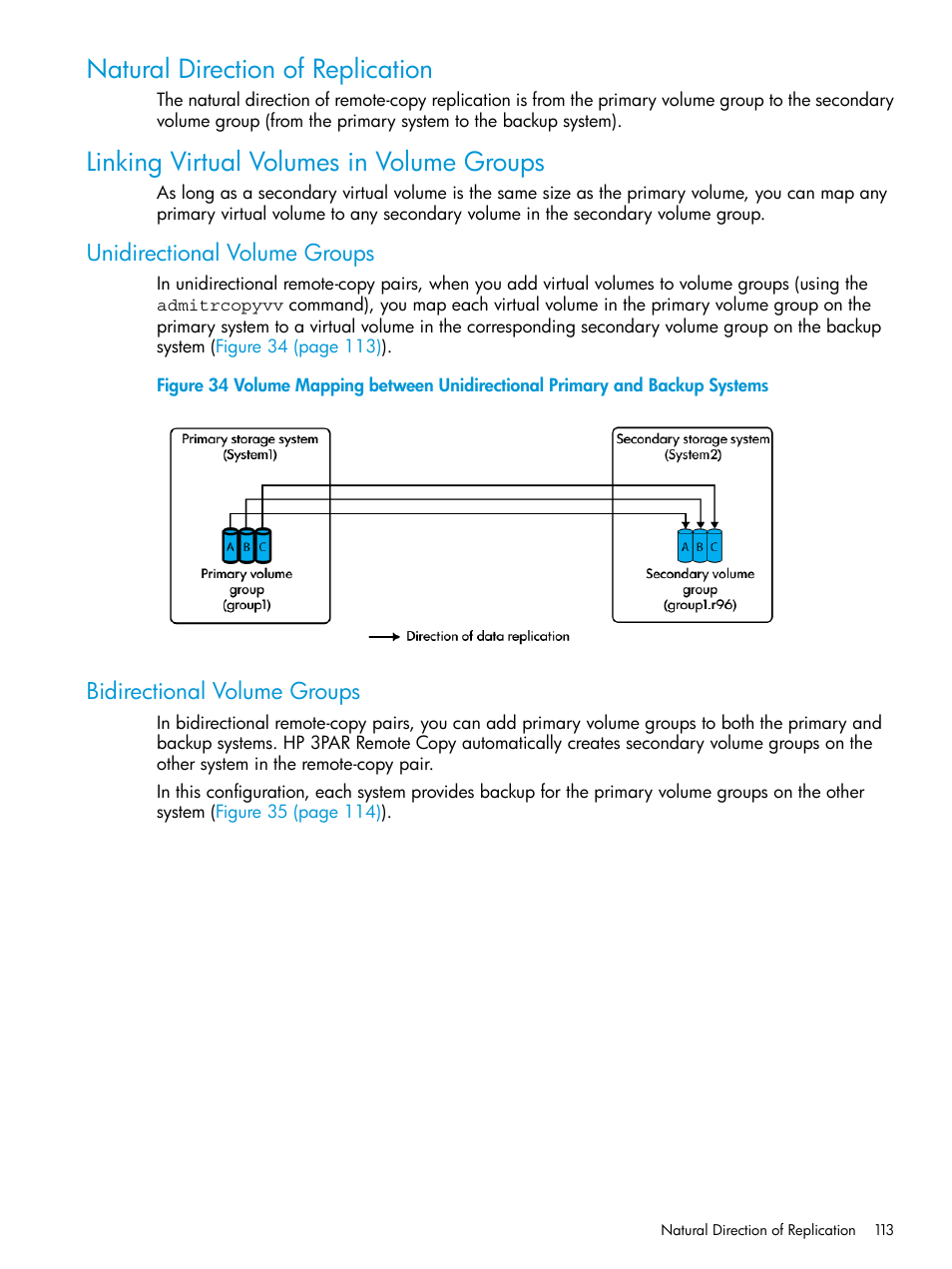 Natural direction of replication, Linking virtual volumes in volume groups, Unidirectional volume groups | Bidirectional volume groups | HP 3PAR Operating System Software User Manual | Page 113 / 289