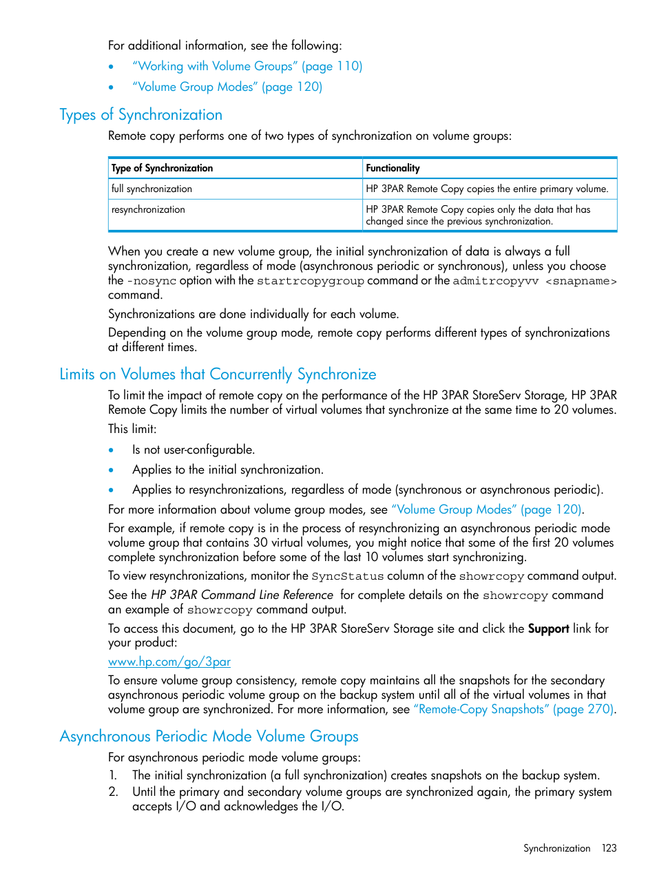 Types of synchronization, Limits on volumes that concurrently synchronize, Asynchronous periodic mode volume groups | HP 3PAR Operating System Software User Manual | Page 123 / 289