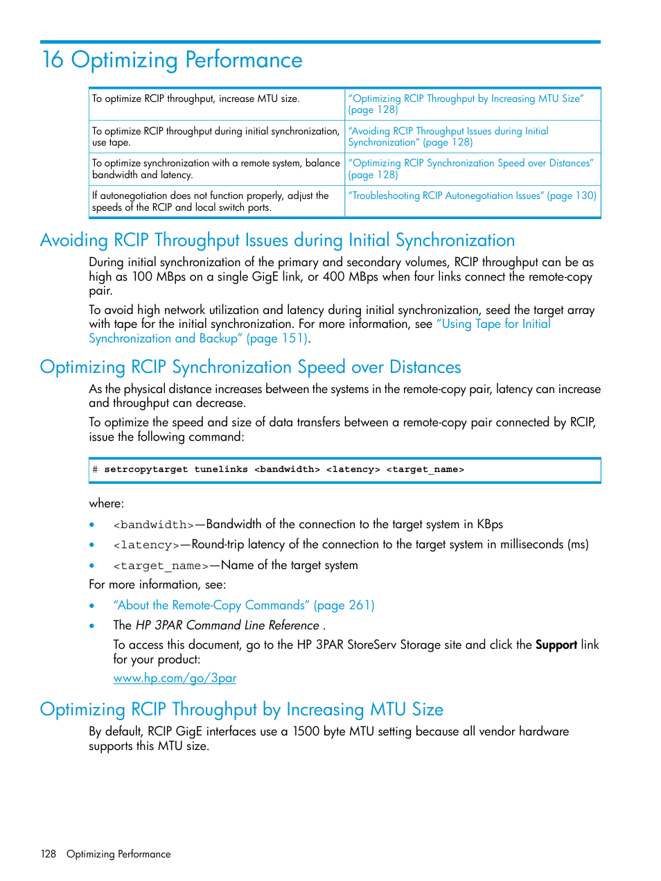 16 optimizing performance, Optimizing rcip throughput by increasing mtu size | HP 3PAR Operating System Software User Manual | Page 128 / 289