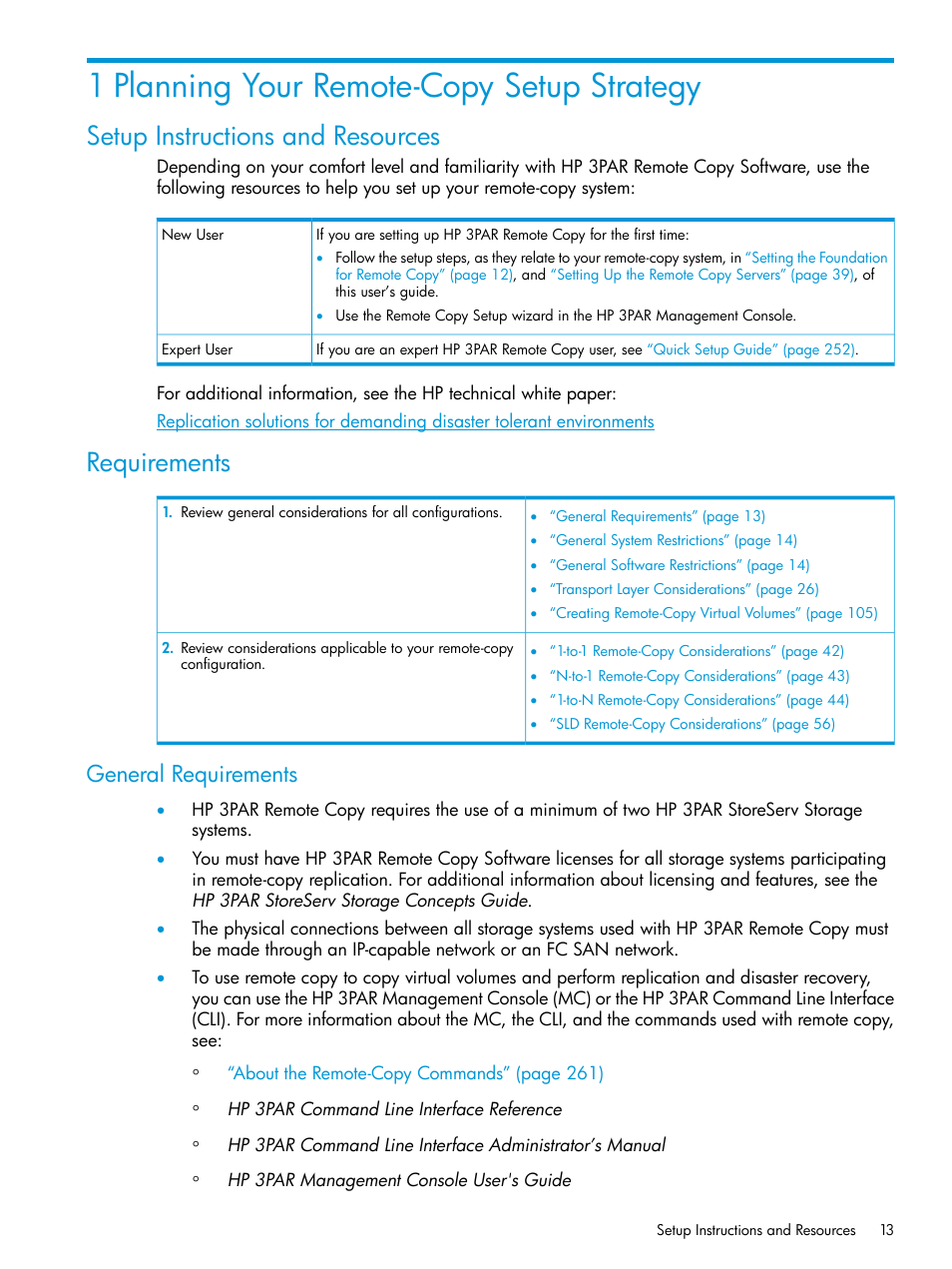 1 planning your remote-copy setup strategy, Setup instructions and resources, Requirements | General requirements, Setup instructions and resources requirements | HP 3PAR Operating System Software User Manual | Page 13 / 289