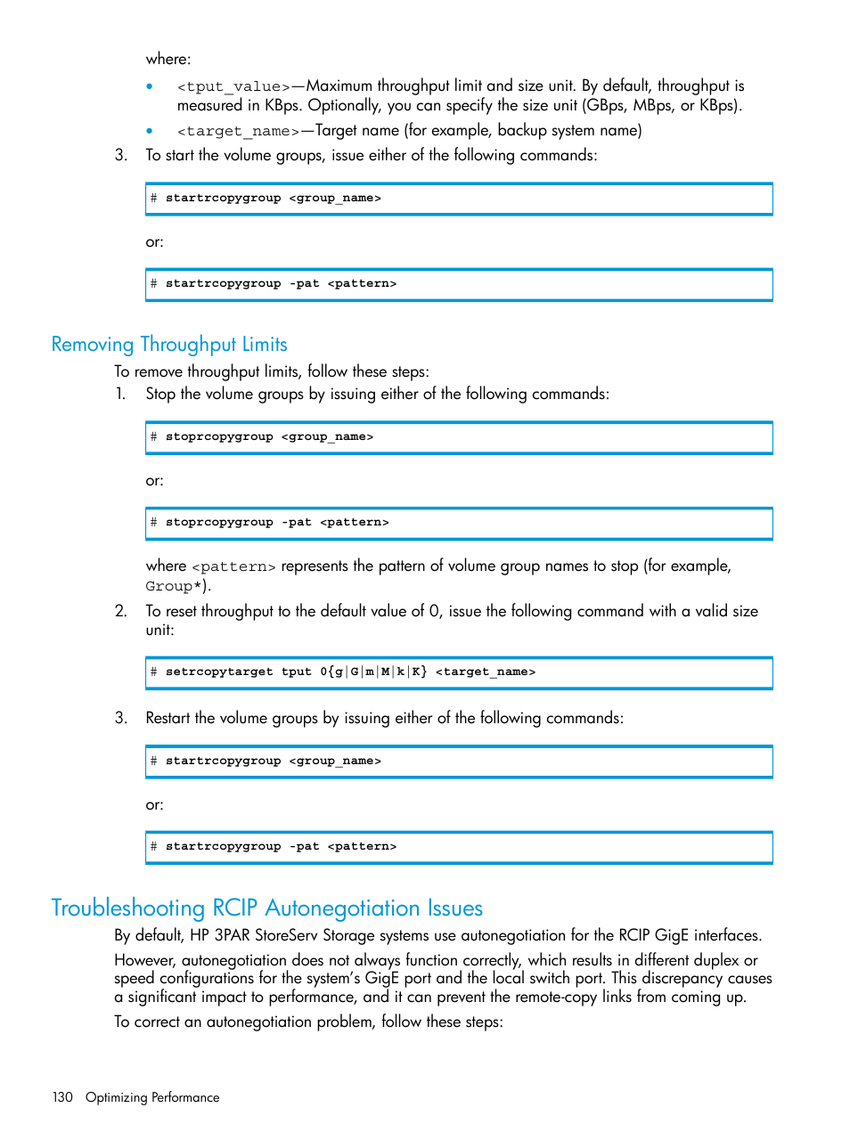 Removing throughput limits, Troubleshooting rcip autonegotiation issues | HP 3PAR Operating System Software User Manual | Page 130 / 289