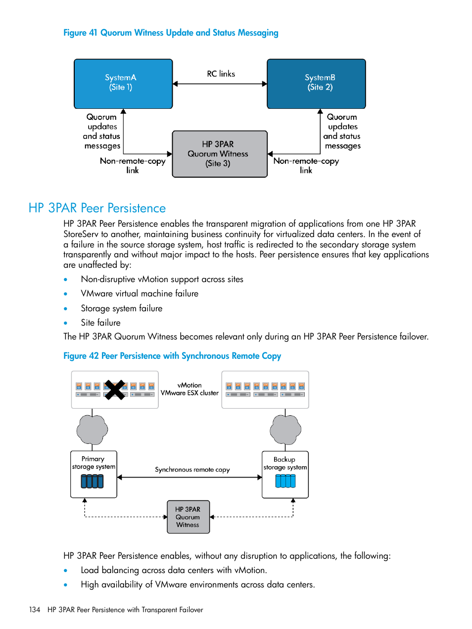 Hp 3par peer persistence, Quorum witness update and status messaging, Peer persistence with synchronous remote copy | HP 3PAR Operating System Software User Manual | Page 134 / 289