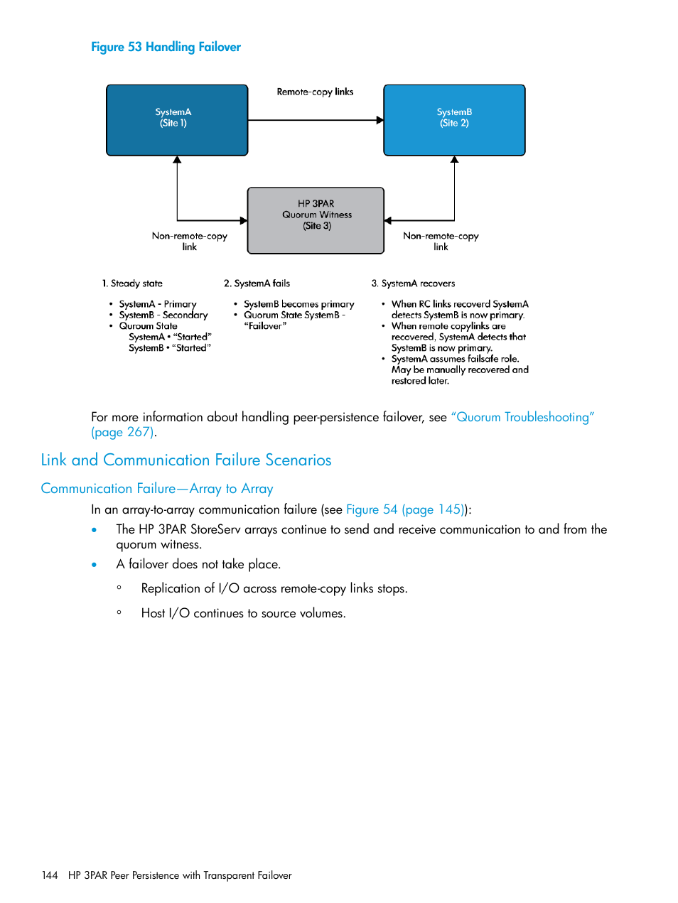 Link and communication failure scenarios, Communication failure—array to array, Handling failover | HP 3PAR Operating System Software User Manual | Page 144 / 289