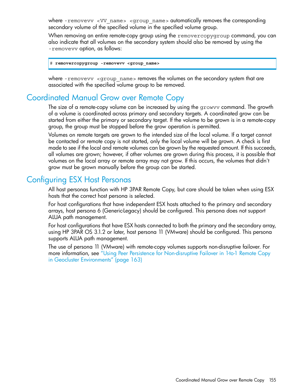 Coordinated manual grow over remote copy, Configuring esx host personas, Configuring esx host | HP 3PAR Operating System Software User Manual | Page 155 / 289