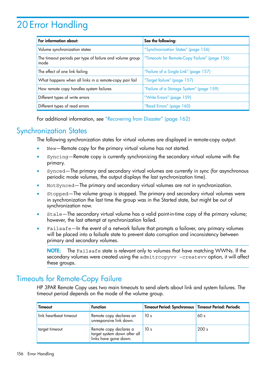 20 error handling, Synchronization states, Timeouts for remote-copy failure | HP 3PAR Operating System Software User Manual | Page 156 / 289