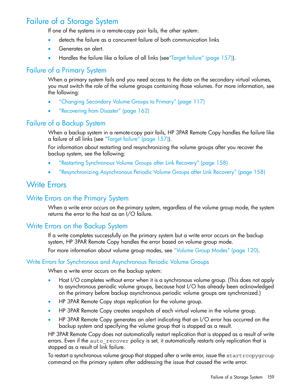 Failure of a storage system, Failure of a primary system, Failure of a backup system | Write errors, Write errors on the primary system, Write errors on the backup system | HP 3PAR Operating System Software User Manual | Page 159 / 289